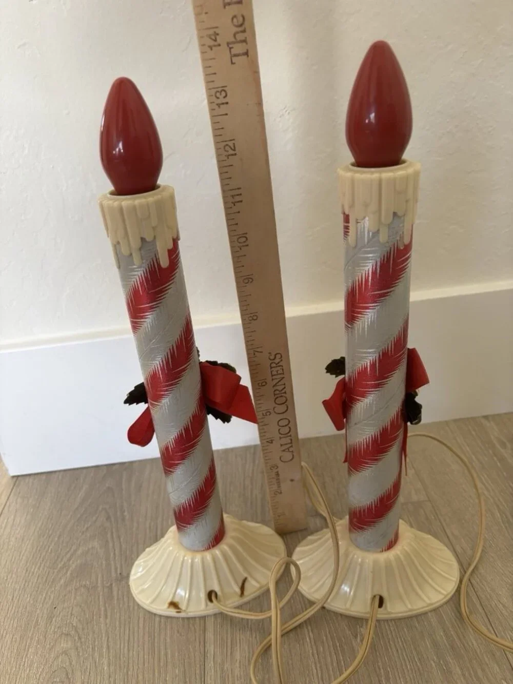 2 Vtg MCM 1950’s Candy Striped Electric CANDLE Xmas Light 12”